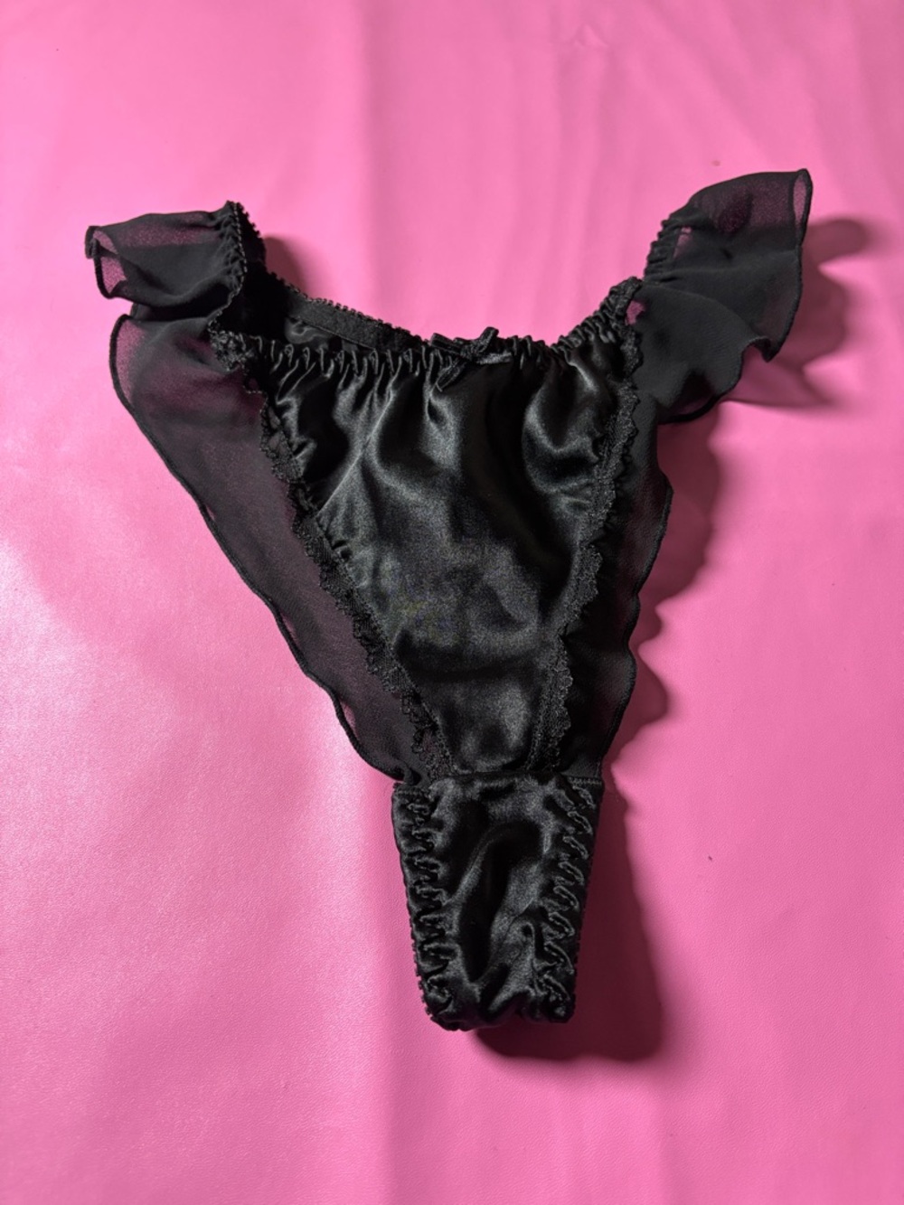 Sheer Ruffled Satin Thong Panty - Black
